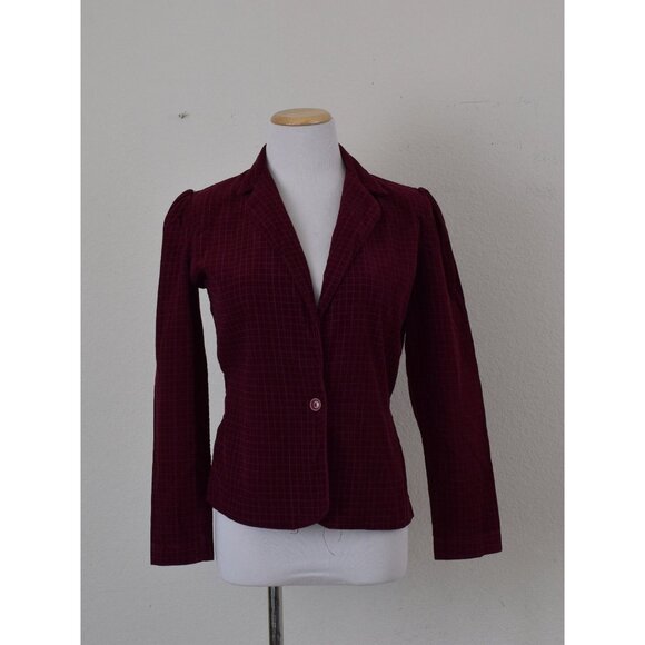 80s Vintage Burgundy Plaid Fitted Poly/Cotton Corduroy Jacket‎ - Picture 3 of 10